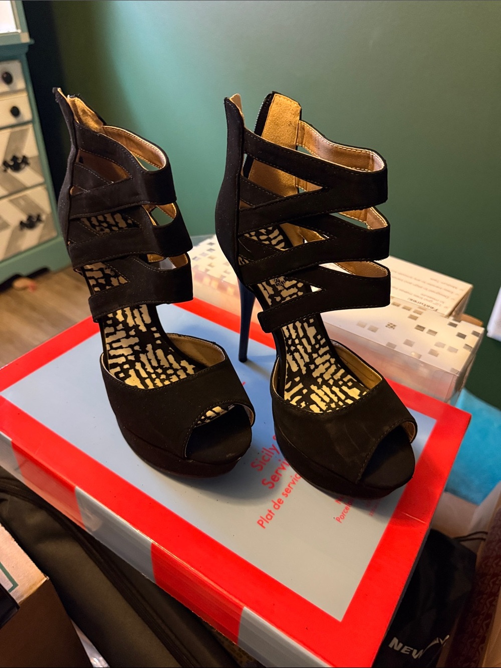 Black Strappy High Heel Platform Sandals